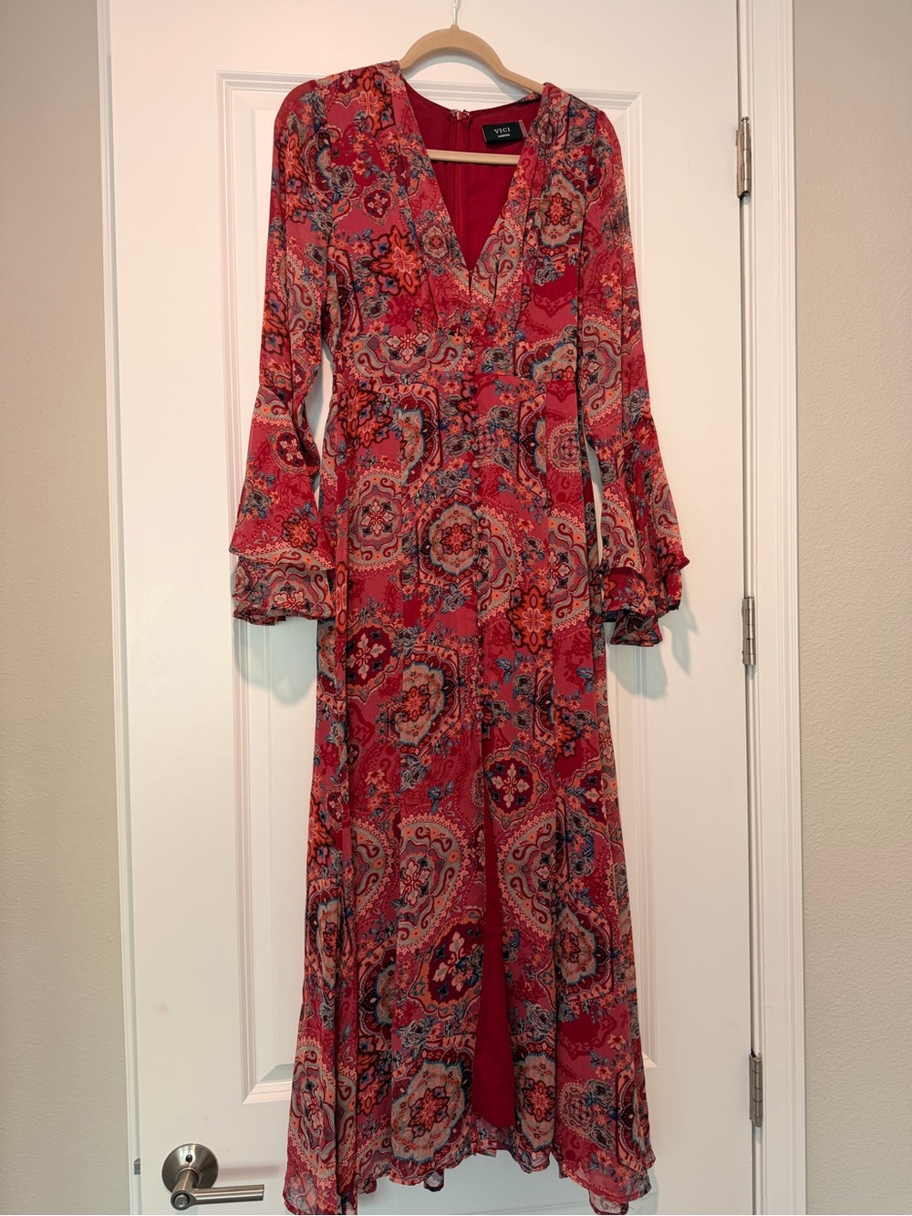 Vici Paisley V-Neck Maxi Dress with Flared Sleeves